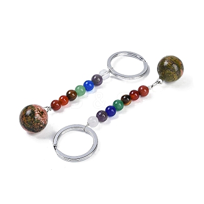 Natural Unakite Round Beaded Keychain G-H076-01P-07-1
