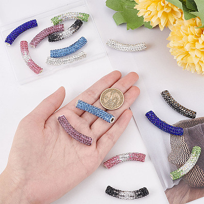 16Pcs 8 Style Brass Rhinestone & Polymer Clay Rhinestone Curved Tube Beads RB-SC0001-07-1