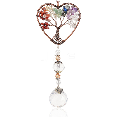 1Pc Natural Gemstone Chips Heart with Tree of Life Hanging Ornaments HJEW-BBC0001-16-1