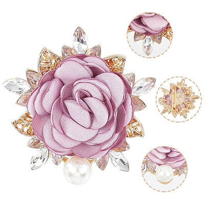 Cloth Rose with Crystal Rhinestone Brooch Pin JEWB-WH0028-13LG-1