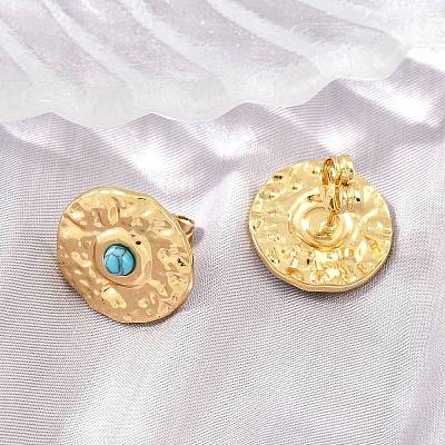 304 Stainless Steel Synthetic Turquoise Center Textured Round Stud Earrings for Women SA-CBAB549-03G-1