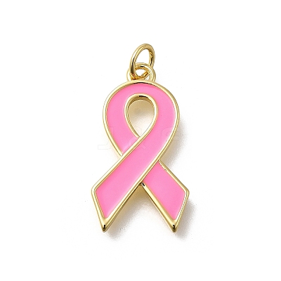 October Breast Cancer Pink Awareness Ribbon Brass Enamel Pendants KK-S517-04F-G-1