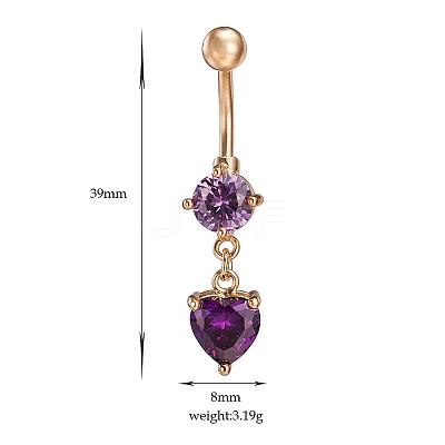 Real 18K Gold Plated Brass Rhinestone Heart Navel Ring Belly Rings AJEW-EE0001-56C-1
