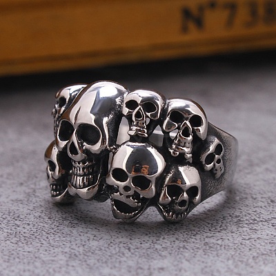 Steam Punk Style Stainless Steel Multi-Skull Finger Rings SKUL-PW0005-08H-1