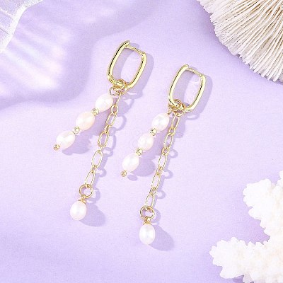 Brass & Natural Pearl Hoop Dangle Earrings EJEW-JE07390-1