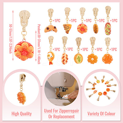 10Pcs 10 Styles Bread Resin Zipper Sliders HJEW-TAC0078-1