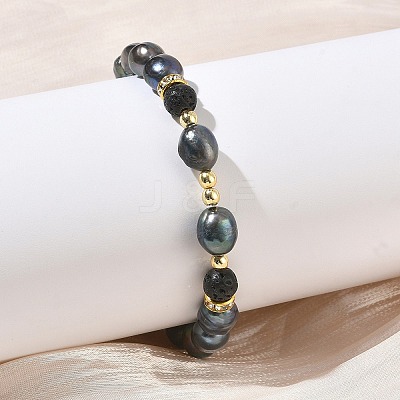 Natural Cultured Freshwater Pearl & Lava Rock Beaded Stretch Bracelets for Women BJEW-JB13714-01-1