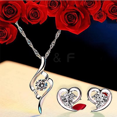 Heart Alloy Rhinestone Stud Earrings & Pendant Necklace Sets for Women FS-WG883D5-01-1