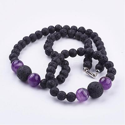 Natural Amethyst Beaded Necklaces & Stretch Bracelets Jewelry Sets SJEW-JS00918-05-1