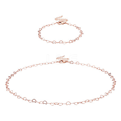 1 Set Brass Heart Link Chain Bracelets & Necklace SJEW-TA0001-04-1