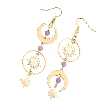 Brass & Natural Amethyst Dangle Earrings EJEW-TA00832-1