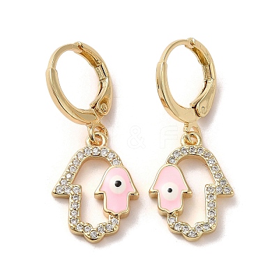 Hamsa Hand with Evil Eye Golden Brass Dangle Leverback Earrings EJEW-Q797-22G-01-1