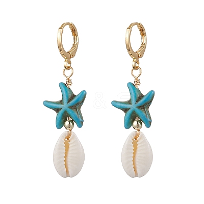 Starfish Synthetic Turquoise Hoop Earrings EJEW-JE06440-1