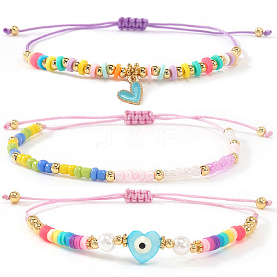 3Pcs Glass Seed Bead & Resin & Brass Braided Bead Bracelets LW3639-5-1