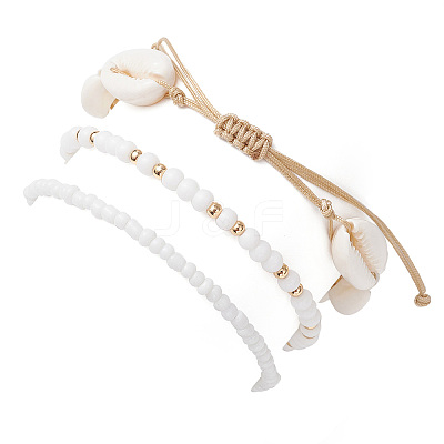 3Pcs 3 Styles Glass Seed Beads Stretch Bracelets & Charm Bracelets & Natural Mixed Cowrie Shell Beads Braided Bracelets BJEW-TA00639-1