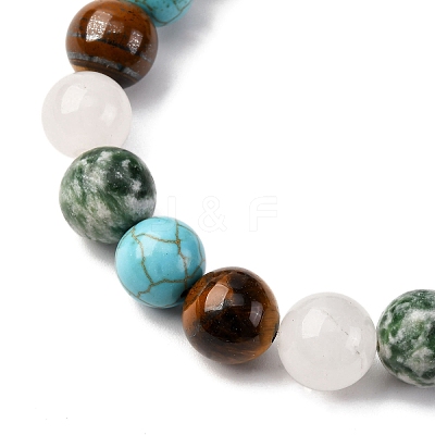 Round Synthetic Turquoise & Natural White Jade & Green Spot & Tiger Eye Beads Stretch Bracelets for Men Women BJEW-JB12322-1