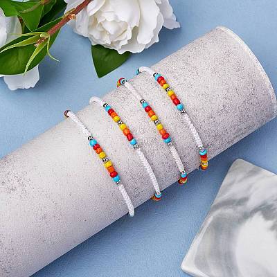 4Pcs 4 Style Glass Seed & 303 Stainless Steel Braided Bead Bracelets and Anklets Set SJEW-SW00003-06-1
