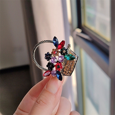 Flower Basket Antique Golden Alloy Rhinestone Brooches PW-WG6DF7D-01-1