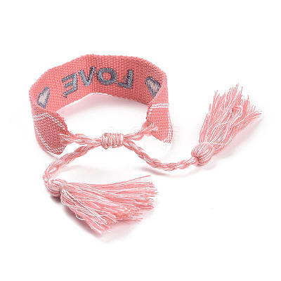 Word Love Polycotton(Polyester Cotton) Braided Bracelet with Tassel Charm LS-BJEW-F429-06-1