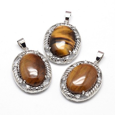 Oval Platinum Plated Brass Natural Tiger Eye Rhinestone Pendants G-F228-35D-RS-1