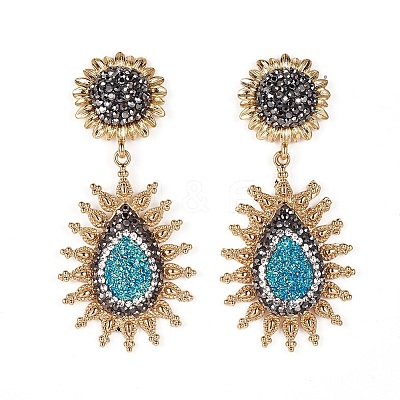Natural Druzy Agate Dangle Stud Earrings EJEW-F232-37G-1