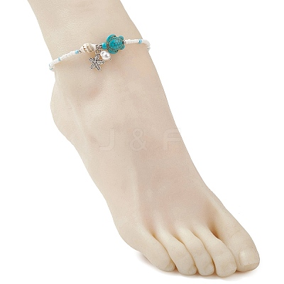 Summer Beach Dyed Synthetic Turquoise Turtle and Glass Seed Beaded Alloy Starfish Charm Anklets AJEW-AN00775-1