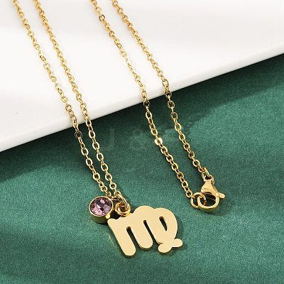 304 Stainless Steel Glass Drill Birth Stone Constellation Pendant Necklaces LS-STAS-D305-08G-F-1