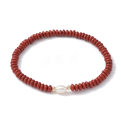 Natural Red Jasper Rondelle & Pearl Beaded Stretch Bracelets BJEW-JB09918-01-1