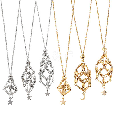 6Pcs 6 Styles Star Moon Stainless Steel Braided Chain Macrame Pouch Empty Stone Holder Pendant Necklace Making NJEW-SC0001-44-1