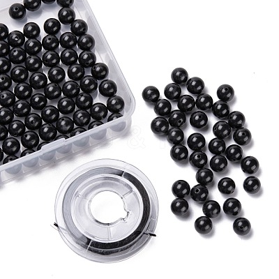 100Pcs 8mm Natural Black Stone(Natural Black Glass) Round Beads DIY-LS0002-15-1