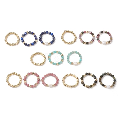 15Pcs 5 Colour Natural Gemstone & Cultured Freshwater Pearl Cuff Rings RJEW-JR01024-1
