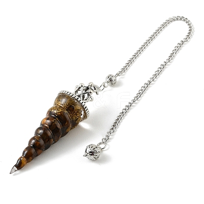 Resin Dowsing Pendulum Pendants with Natural Tiger Eye Chips inside and Iron Chain & Alloy Caps GG-CBAEAD2-01D-1