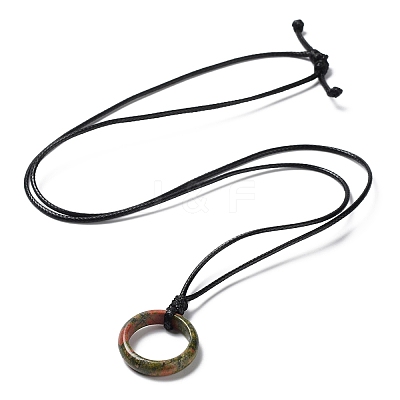 Natural Mixed Stone Ring Pendant Necklace with Waxed Cords NJEW-R262-01A-1