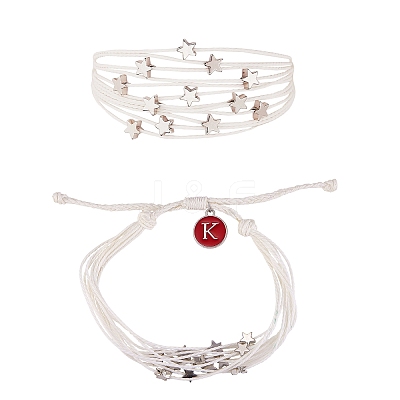 Multi String Cord Bracelet with Initial Letter K Charm BJEW-SW00042-06-1