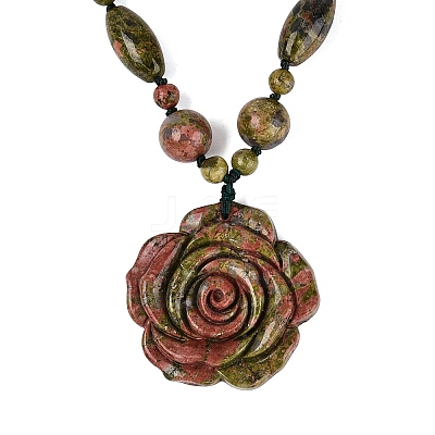 Natural Unakite Flower Pendant Necklaces NJEW-N064-08G-1