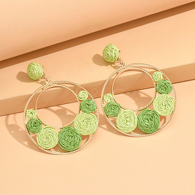 Alloy & Raffia Grass Woven Flower Dangle Stud Earring for Women WG57AD3-02-1