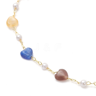 Colorful Cat Eye Heart & Plastic Pearl Beads Brass Link Chain Anklets AJEW-AN00729-1