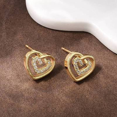 Brass Micro Pave Clear Cubic Zirconia Heart Stud Earrings EJEW-F400-28A-G-1