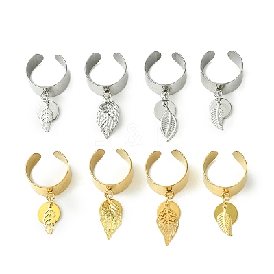 8Pcs 4 Style 304 Stainless Steel Open Cuff Finger Rings with Leaf Charms RJEW-AB00008-1