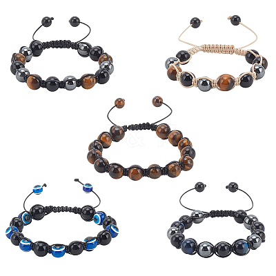 5Pcs 5 Styles Natural & Synthetic Mixed Gemstone Round & Evil Eye Braided Bead Bracelets Set BJEW-AN0001-54-1