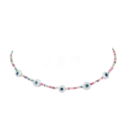Lampwork Evil Eye & Glass Seed Beaded Necklaces NJEW-JN04376-1
