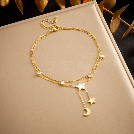 304 Stainless Steel Pave Natural Shell & Crystal Rhinestone Charm Double Layer Anklets for Women FS-WGA3011-02-1