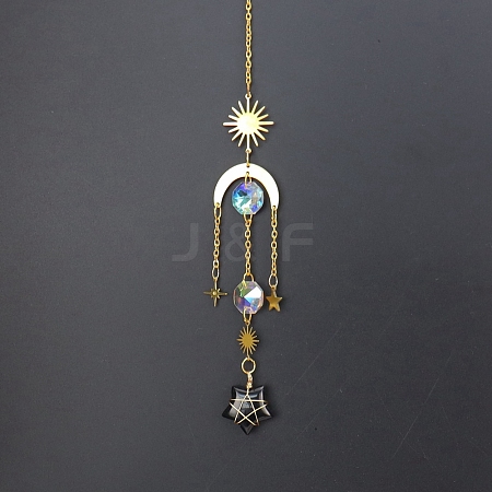 Natural Obsidian Star Sun Catcher Hanging Ornaments with Brass Sun HJEW-PW0002-13D-1