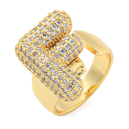 Brass Micro Pave Clear Cubic Zirconia Letter Open Cuff Ring for Women RJEW-M173-01G-F-1