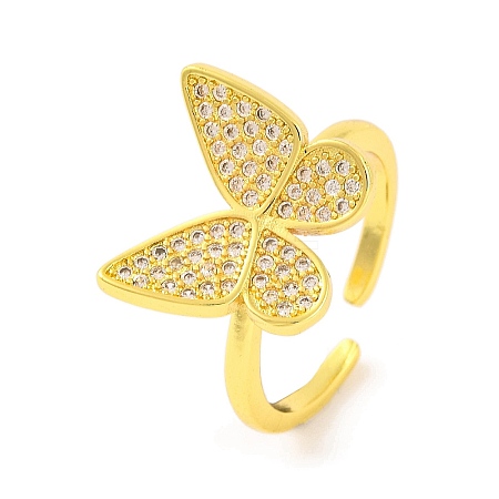 Butterfly Brass Micro Pave Clear Cubic Zirconia Open Cuff Rings for Women RJEW-U003-09G-1