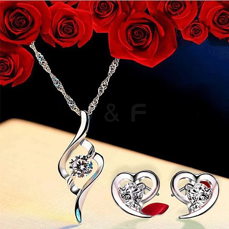 Heart Alloy Rhinestone Stud Earrings & Pendant Necklace Sets for Women FS-WG883D5-01-1
