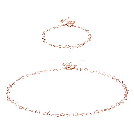 1 Set Brass Heart Link Chain Bracelets & Necklace SJEW-TA0001-04-1