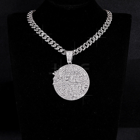 Hip-Hop Alloy Full Crystal Rhinestone Self Made Medal Pendant Cuban Link Chain Necklaces for Men Women FS-WG8D003-02-1