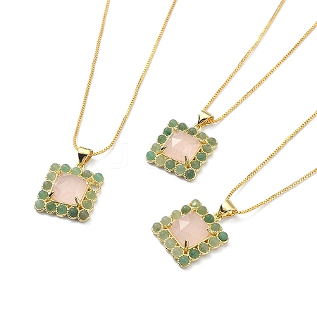 Natural Rose Quartz & Green Aventurine Rectangle Pendant Necklace NJEW-B089-01G-03-1