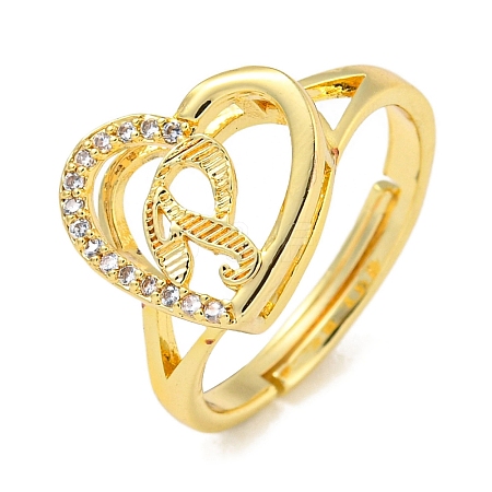 Heart with Letter Rack Plating Brass Micro Pave Cubic Zirconia Adjustable Rings for Women RJEW-I105-06G-P-1